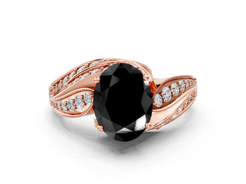 Rose gold Fancy Black Oval Cut Diamond Solitaire Ring with Prong Setting and Twisted Pavé Band