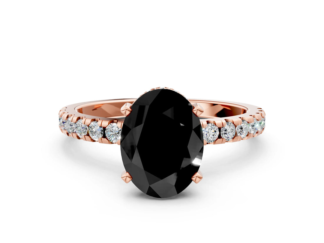 Rose gold Fancy Black Oval Cut Diamond Solitaire Ring with Round  Pavé Band and Four-Prong Setting_36