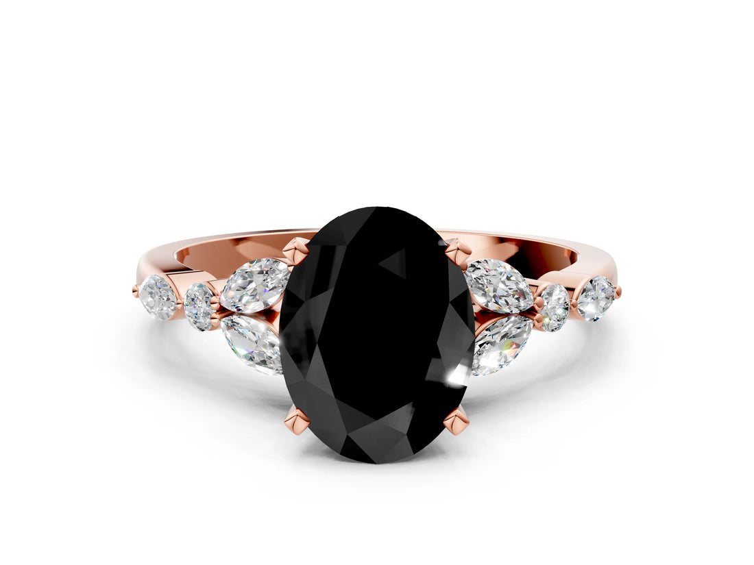 Rose gold Fancy Black Oval Cut Diamond Solitaire Ring with Side Stones and Four-Prong Setting_24