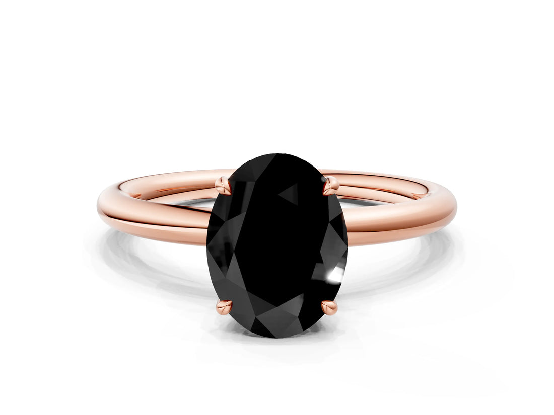 Rose gold Fancy Black Oval Cut Diamond Solitaire Ring with Thin Band and Four-Prong Setting