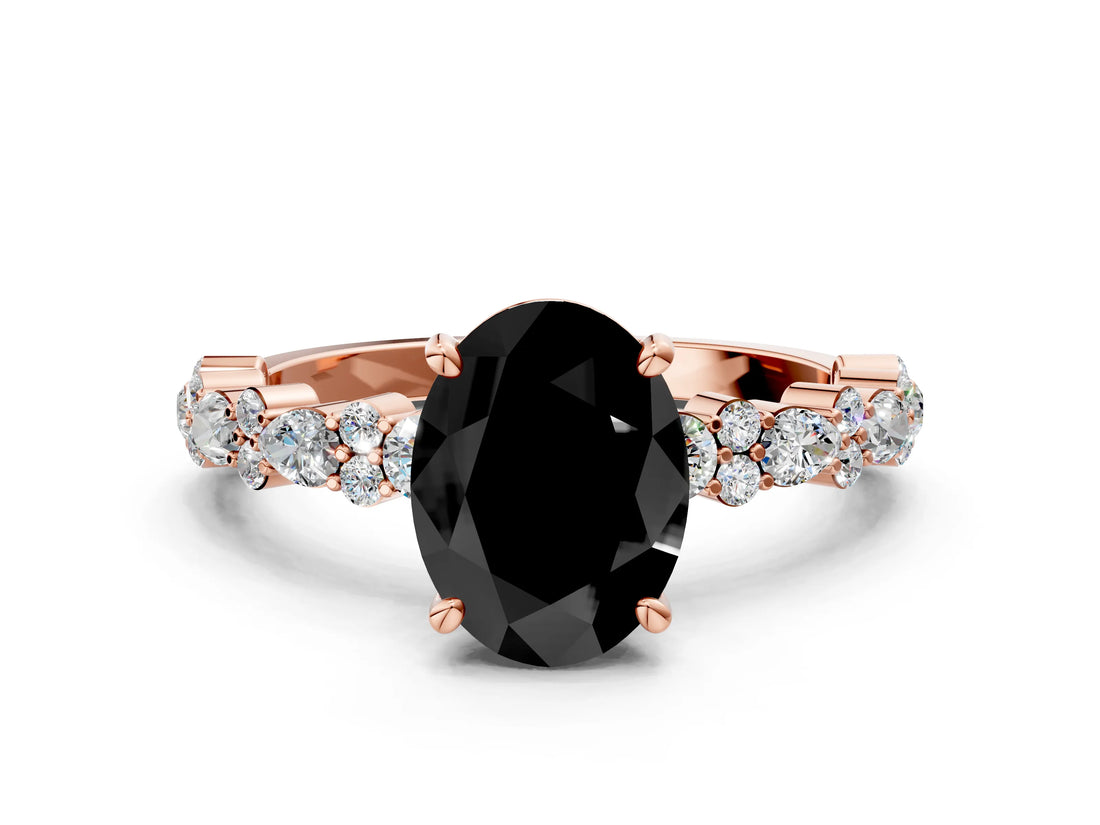 Rose gold Fancy Black Oval Cut Diamond Solitaire with Side Stones, Pave Band, Four-Prong Setting_24