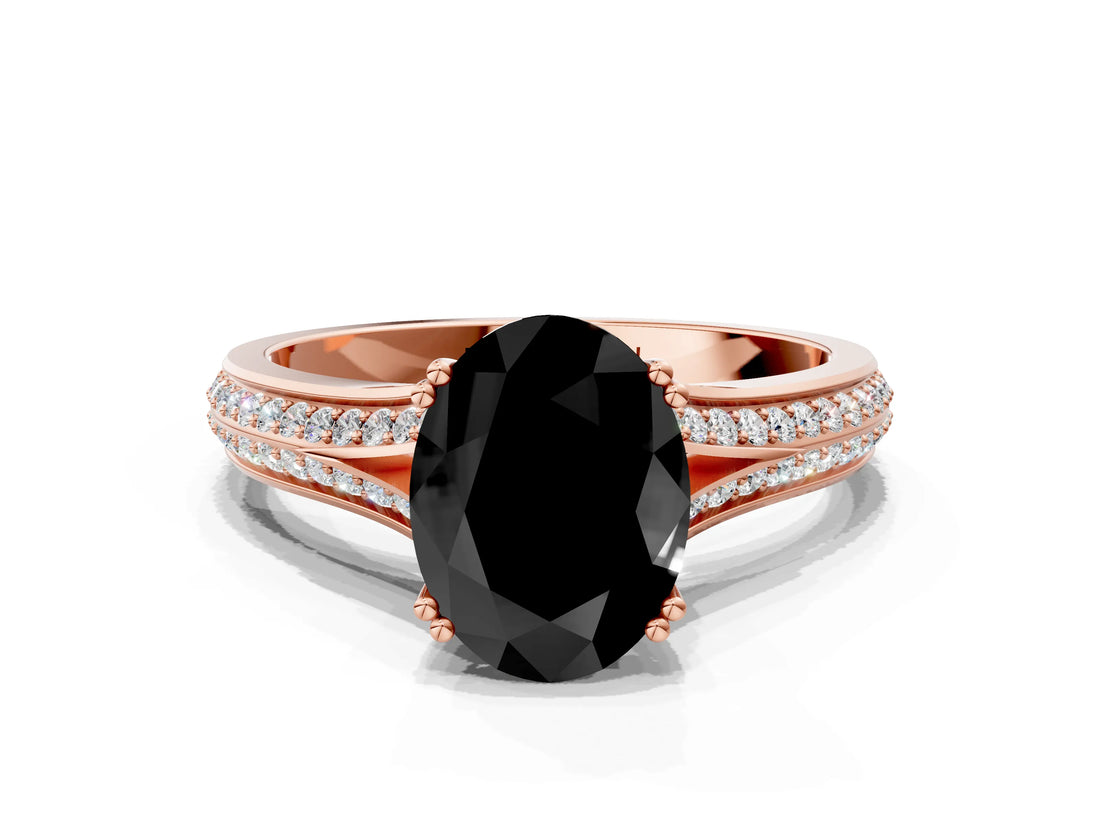 Rose gold Fancy Black Oval Cut Diamond Split Shank Engagement Ring with Pavé Band