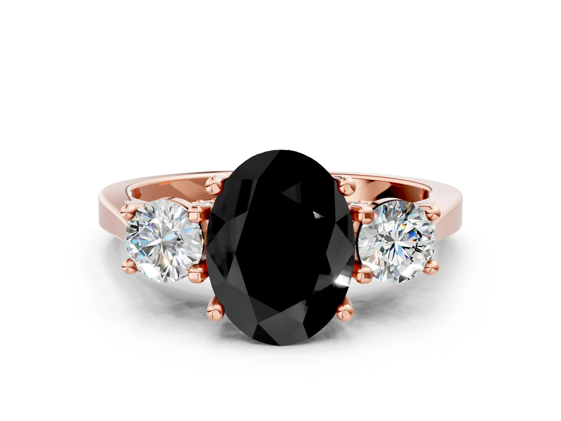 Rose gold Fancy Black Oval Cut Diamond Three-Stone Engagement Ring with Prong Setting and Pavé Band