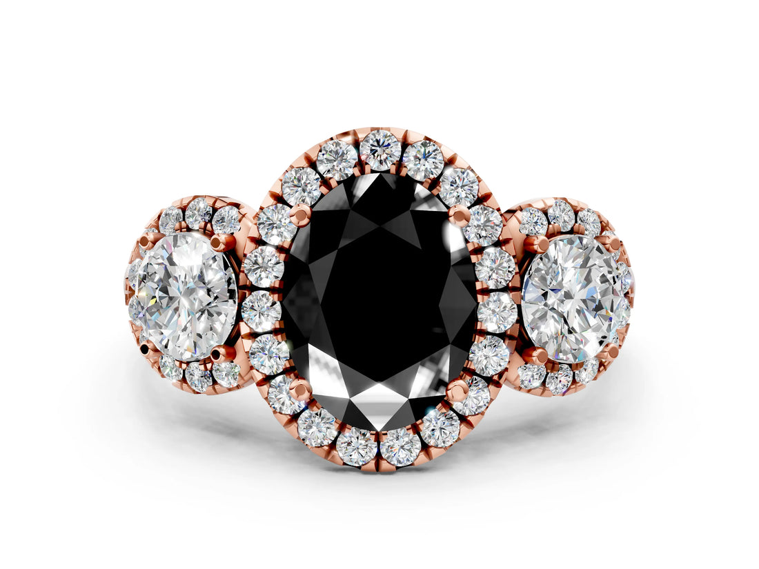 Rose gold Fancy Black Oval Cut Diamond Three-Stone Halo Ring with Prong Setting and Pavé Accents
