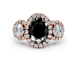 Rose gold Fancy Black Oval Cut Diamond Three-Stone Halo Ring with Prong Setting and Pavé Accents