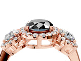 Rose gold Fancy Black Oval Cut Diamond Three-Stone Halo Ring with Prong Setting and Pavé Accents_4