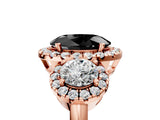 Rose gold Fancy Black Oval Cut Diamond Three-Stone Halo Ring with Prong Setting and Pavé Accents_5