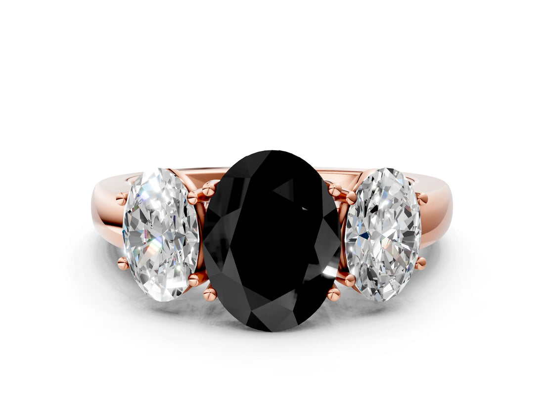Rose gold Fancy Black Oval Cut Diamond Three-Stone Ring with Four-Prong Setting and Classic Band