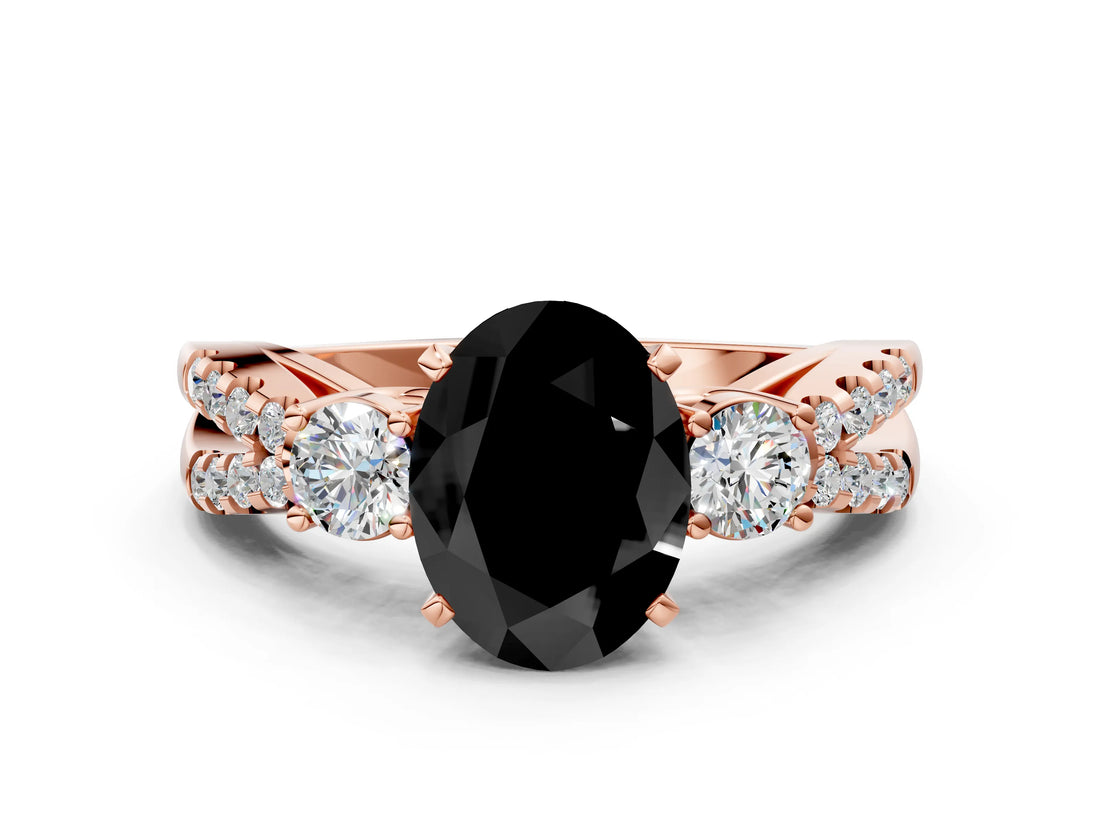 Rose gold Fancy Black Oval Cut Diamond Three-Stone Ring with Pavé Split Shank and Four-Prong Setting
