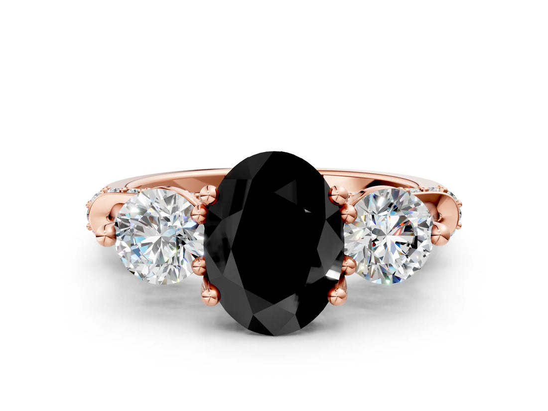 Rose gold Fancy Black Oval Cut Diamond Three-Stone Ring with Prong Setting and Pavé Band