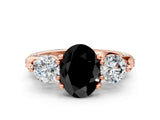 Rose gold Fancy Black Oval Cut Diamond Three-Stone Ring with Prong Setting and Pavé Band