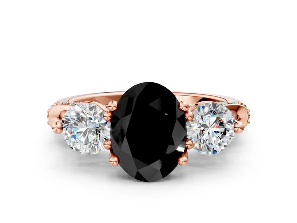 Rose Gold Oval Curved Pave Three Stone Engagement Ring Setting for Black Center