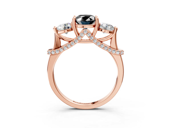 Rose Gold Oval Curved Pave Three Stone Engagement Ring Setting for Black Center
