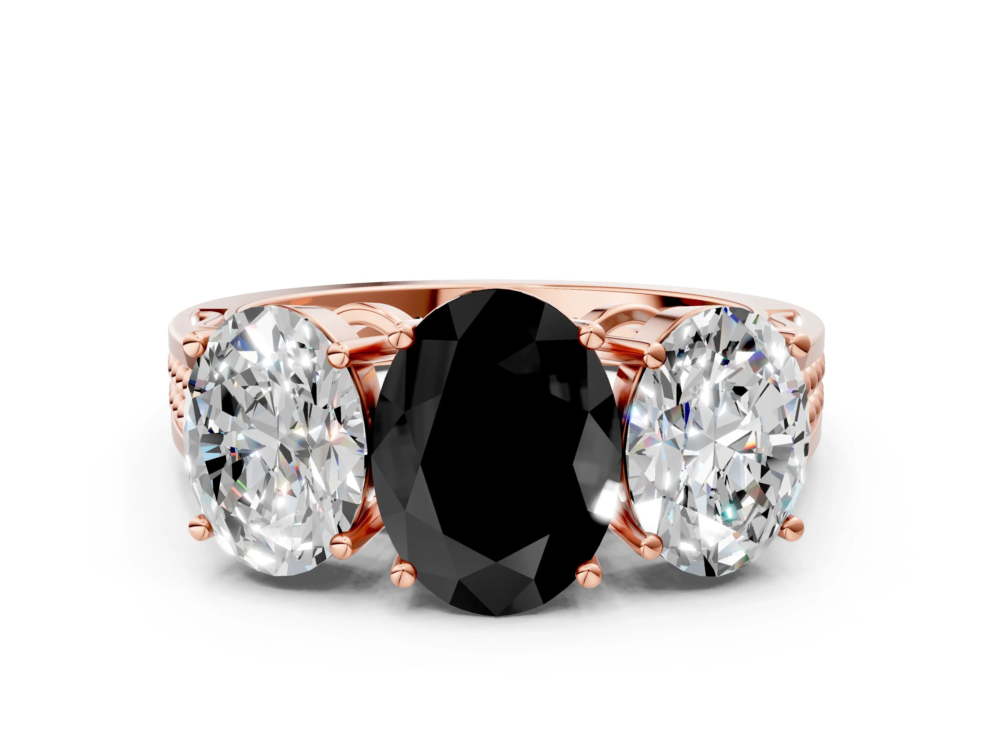 Rose gold Fancy Black Oval Cut Diamond Three-Stone Ring with Prong Setting and Textured Band_11