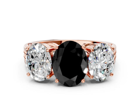 Rose gold Fancy Black Oval Cut Diamond Three-Stone Ring with Prong Setting and Textured Band_11