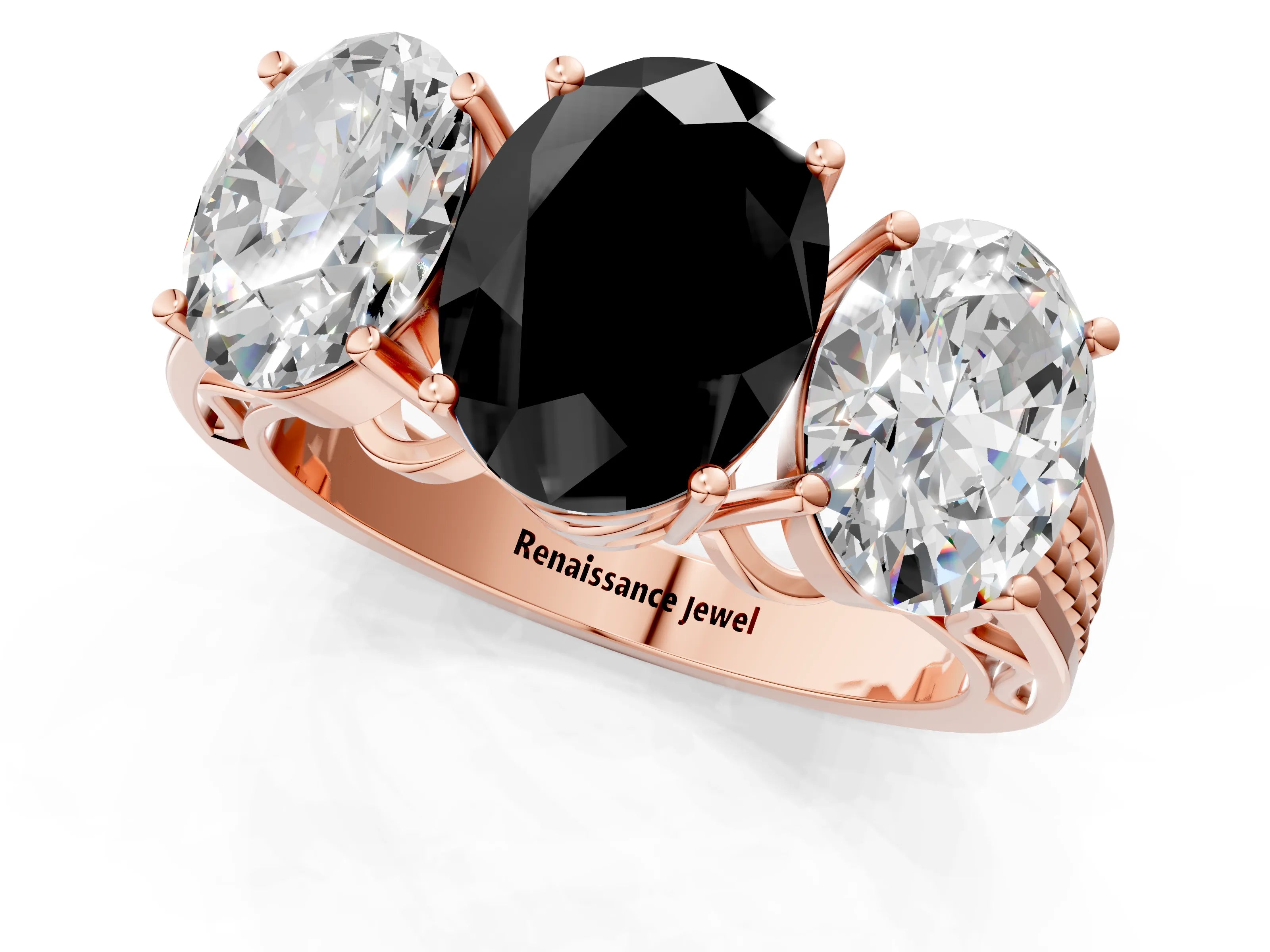 Rose gold Fancy Black Oval Cut Diamond Three-Stone Ring with Prong Setting and Textured Band_12