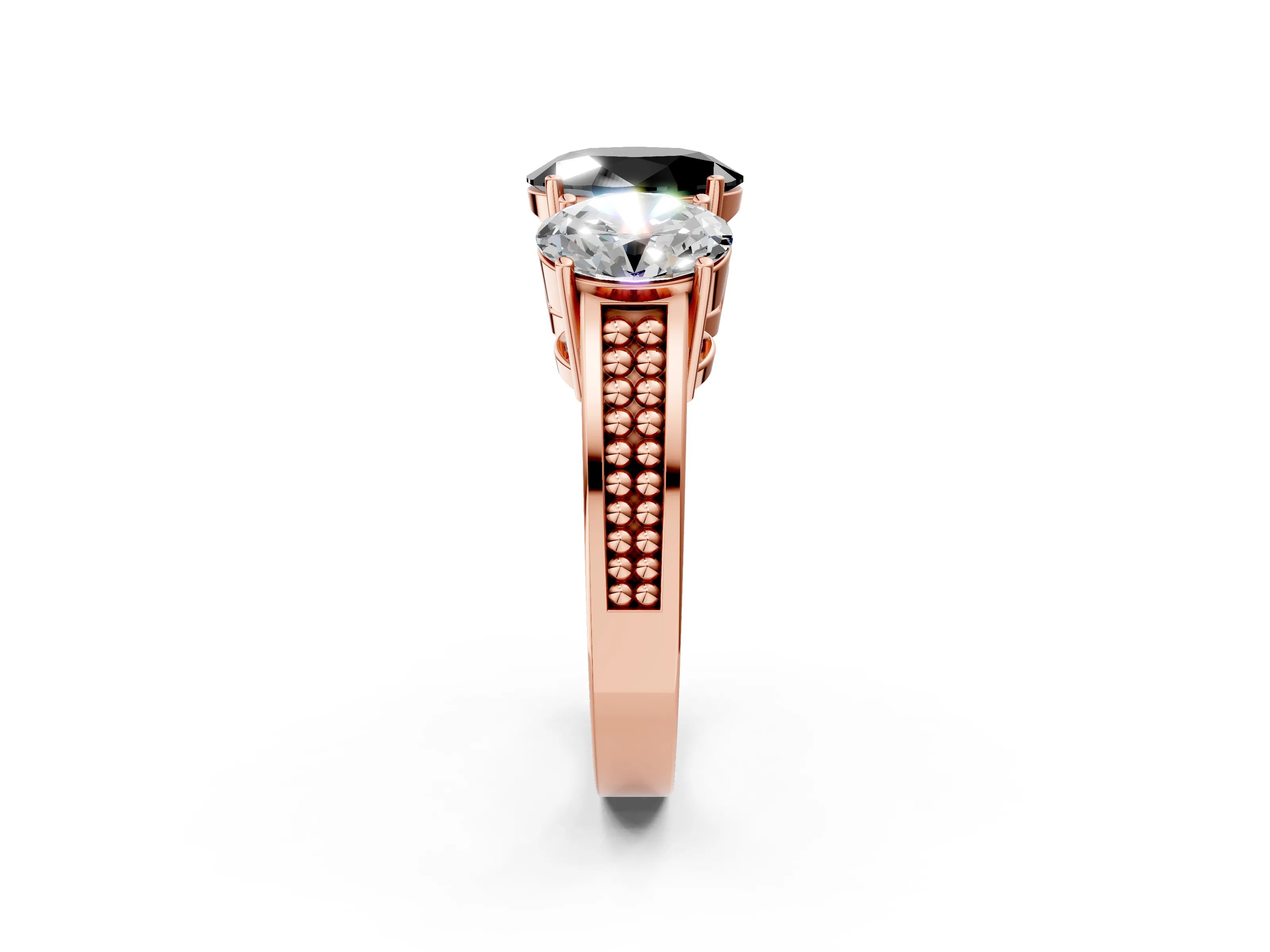 Rose gold Fancy Black Oval Cut Diamond Three-Stone Ring with Prong Setting and Textured Band_13