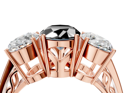 Rose gold Fancy Black Oval Cut Diamond Three-Stone Ring with Prong Setting and Textured Band_15