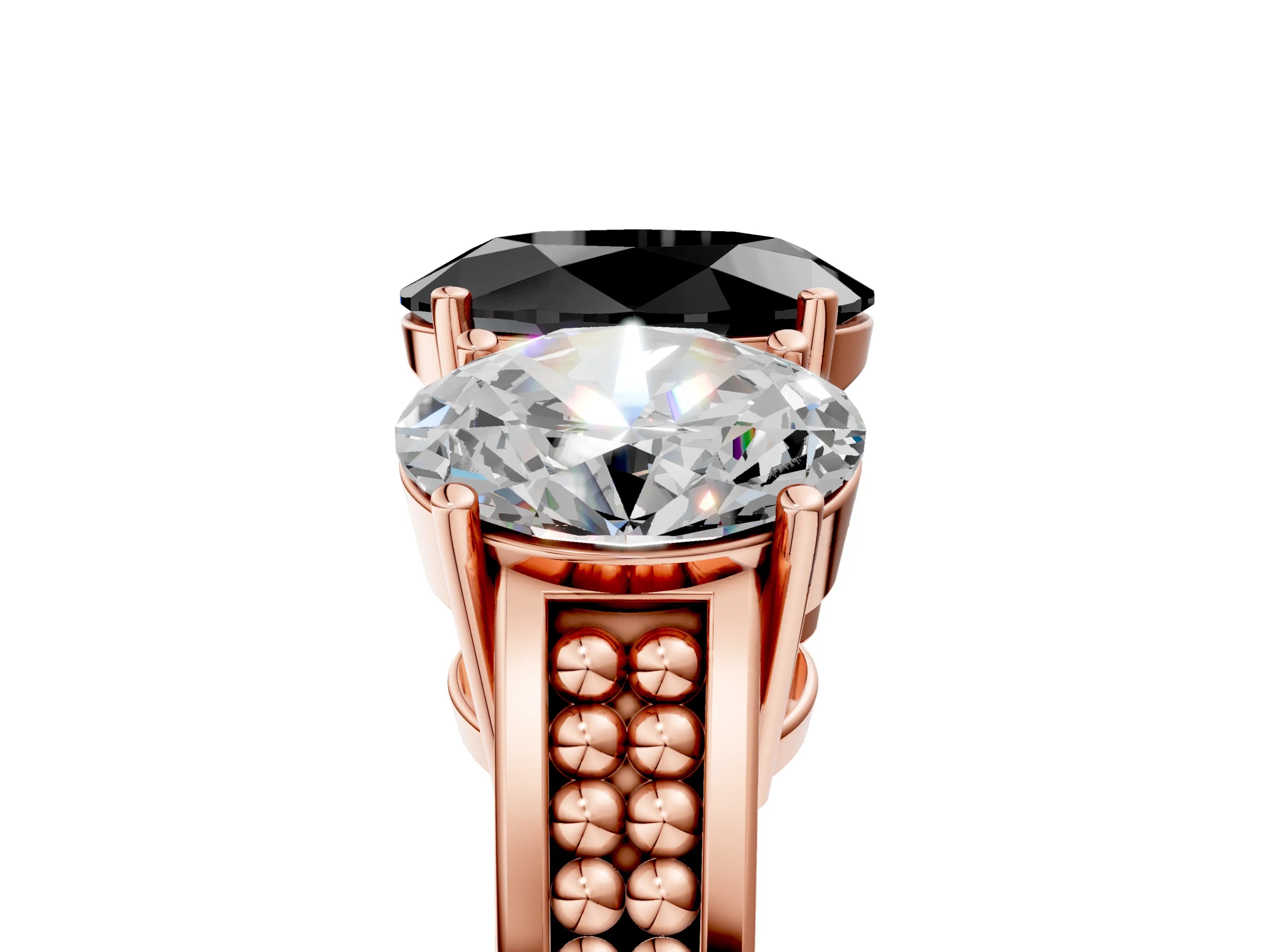 Rose gold Fancy Black Oval Cut Diamond Three-Stone Ring with Prong Setting and Textured Band_16