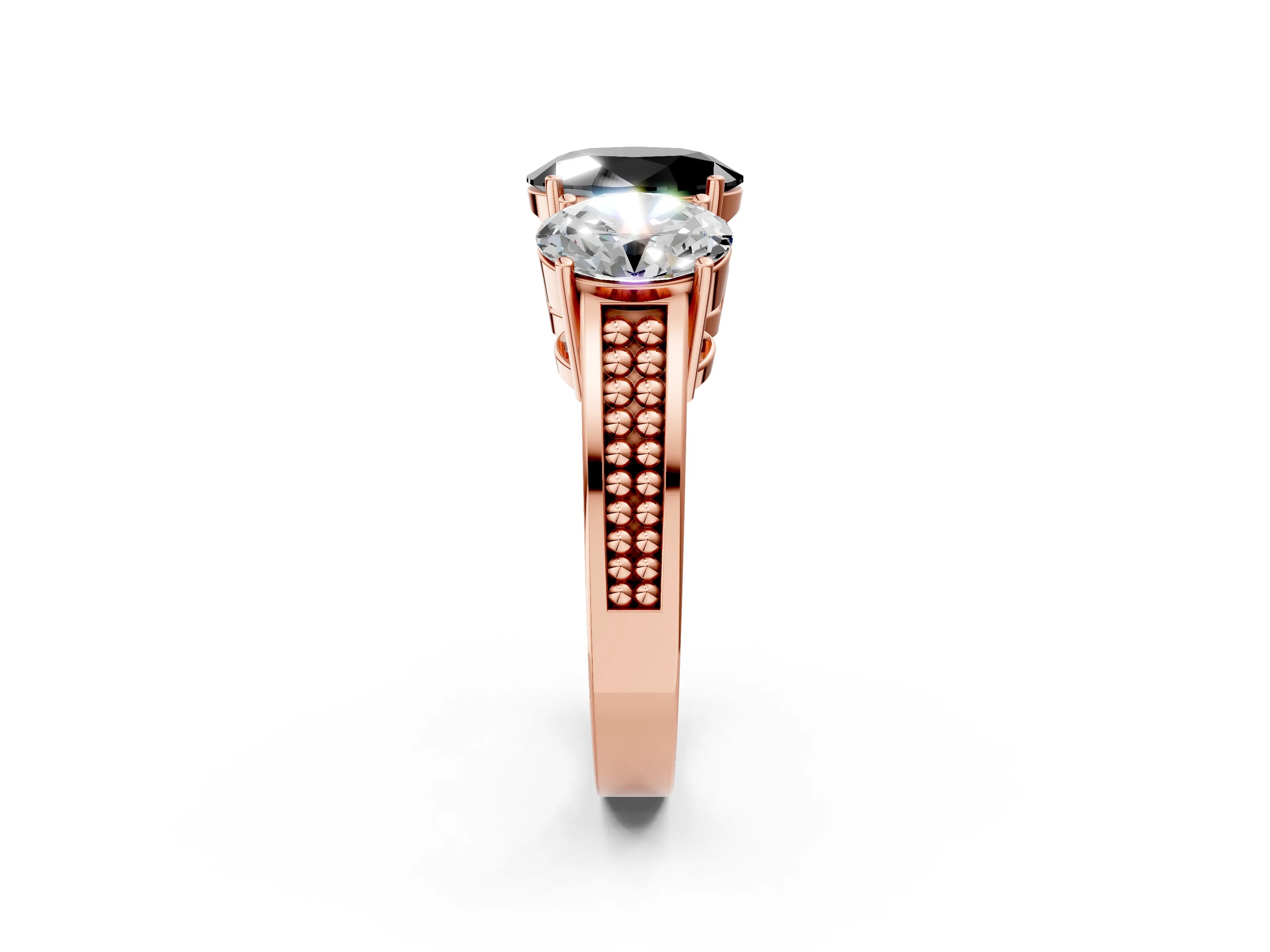 Rose gold Fancy Black Oval Cut Diamond Three-Stone Ring with Prong Setting and Textured Band_25