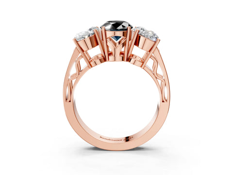 Rose gold Fancy Black Oval Cut Diamond Three-Stone Ring with Prong Setting and Textured Band_26