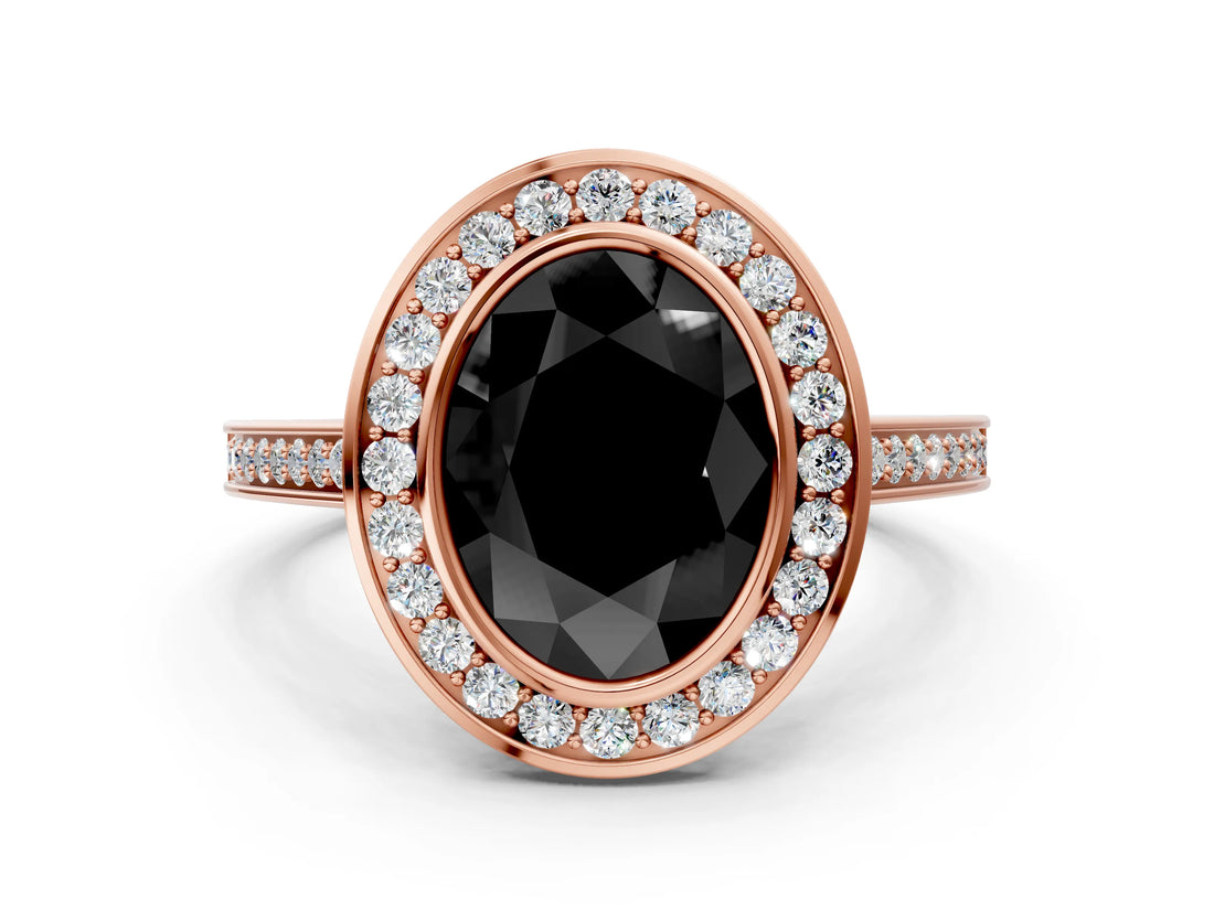 Rose gold Fancy Black Oval Cut Halo Bezel Diamond Pave Band Ring