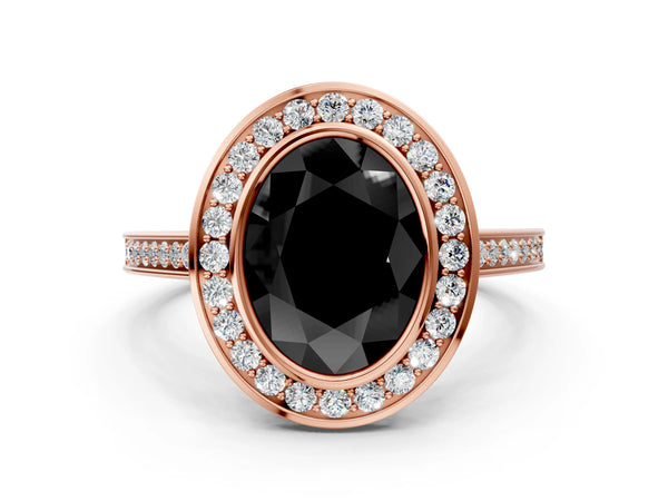 Rose gold Fancy Black Oval Cut Halo Bezel Diamond Pave Band Ring