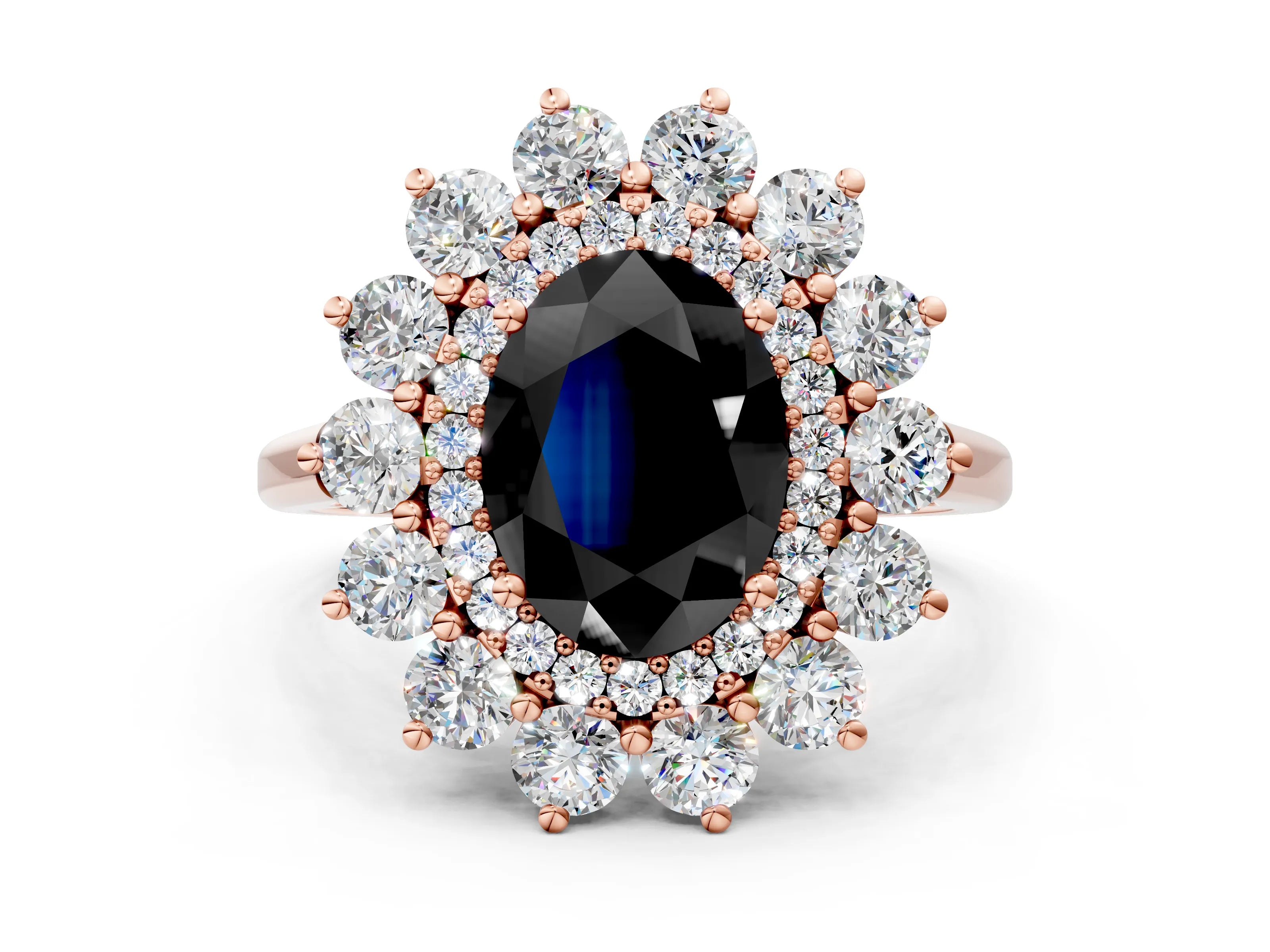 Rose gold Fancy Black Oval Cut Halo Cluster Diamond Ring with Pave Band and Four-Prong Setting