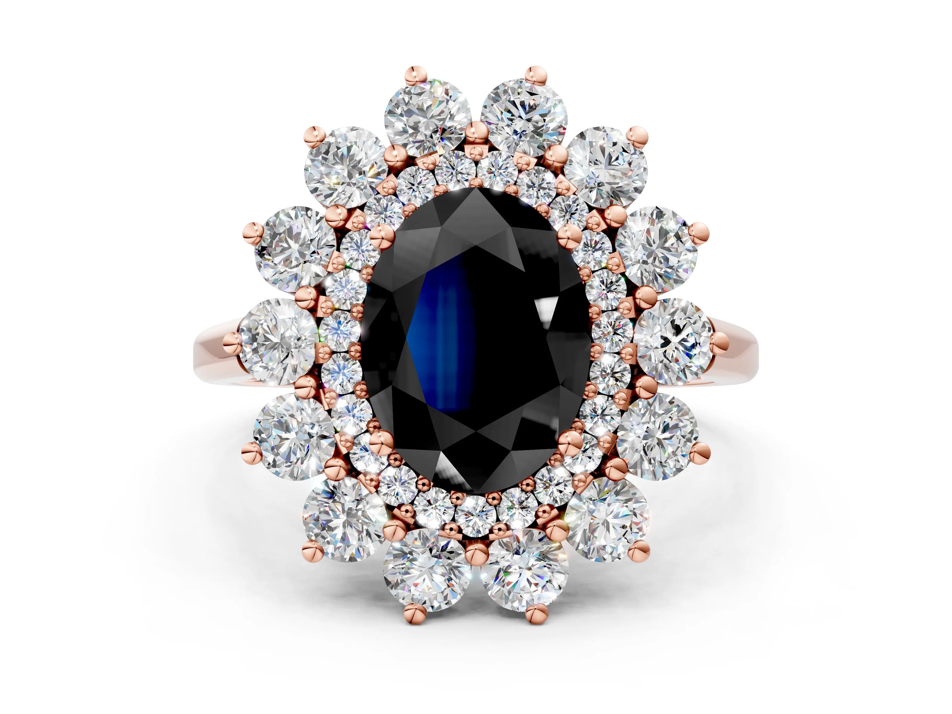 Rose gold Fancy Black Oval Cut Halo Cluster Diamond Ring with Pave Band and Four-Prong Setting_12