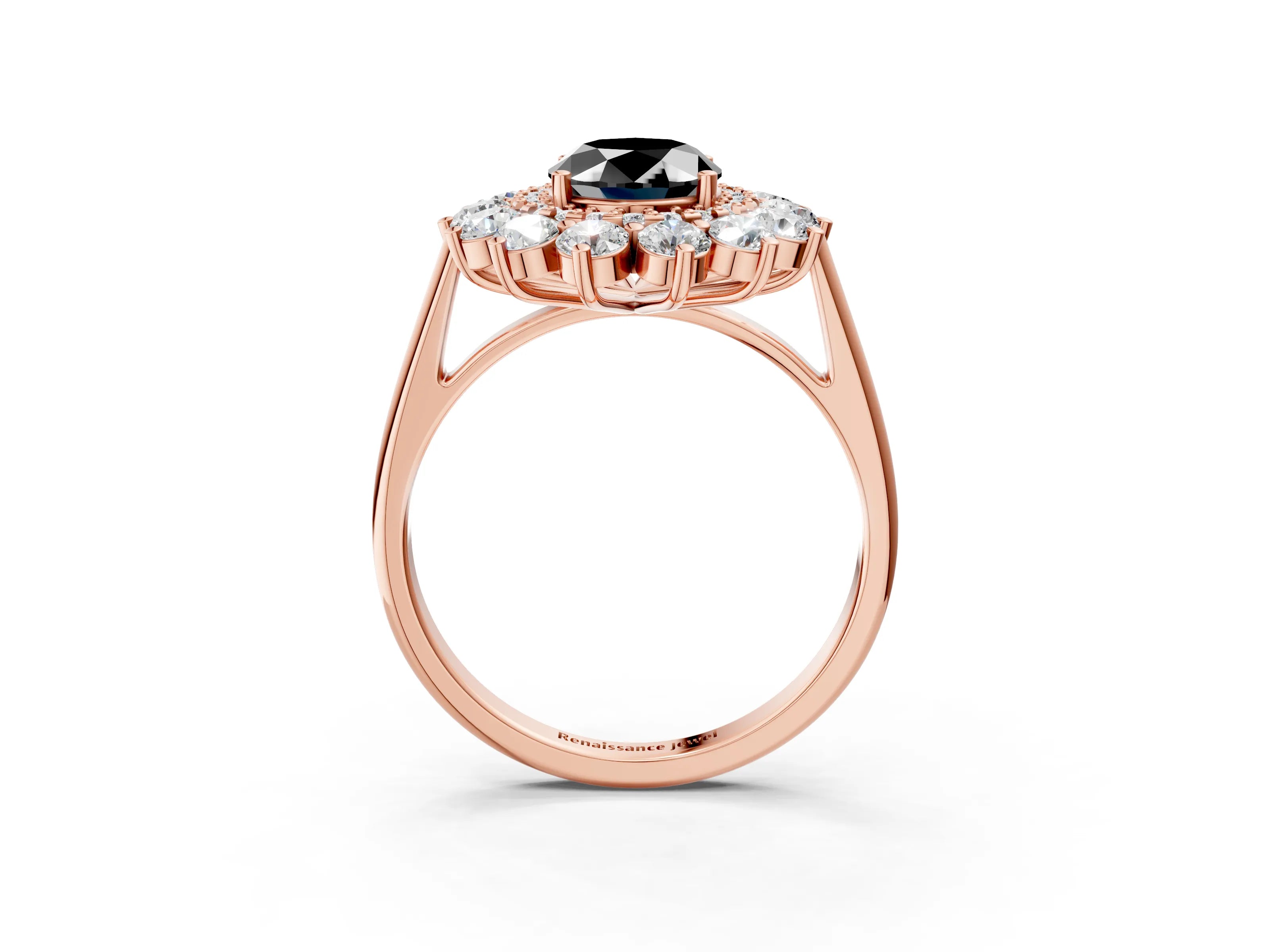 Rose gold Fancy Black Oval Cut Halo Cluster Diamond Ring with Pave Band and Four-Prong Setting_15