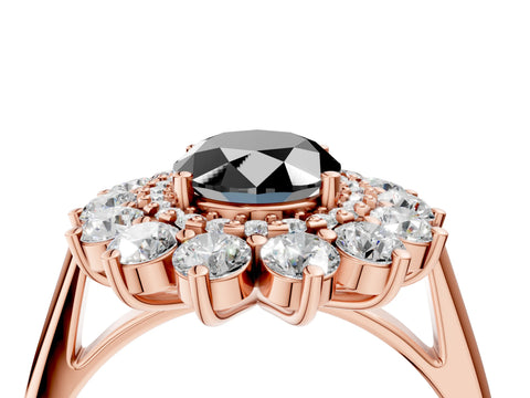 Rose gold Fancy Black Oval Cut Halo Cluster Diamond Ring with Pave Band and Four-Prong Setting_16