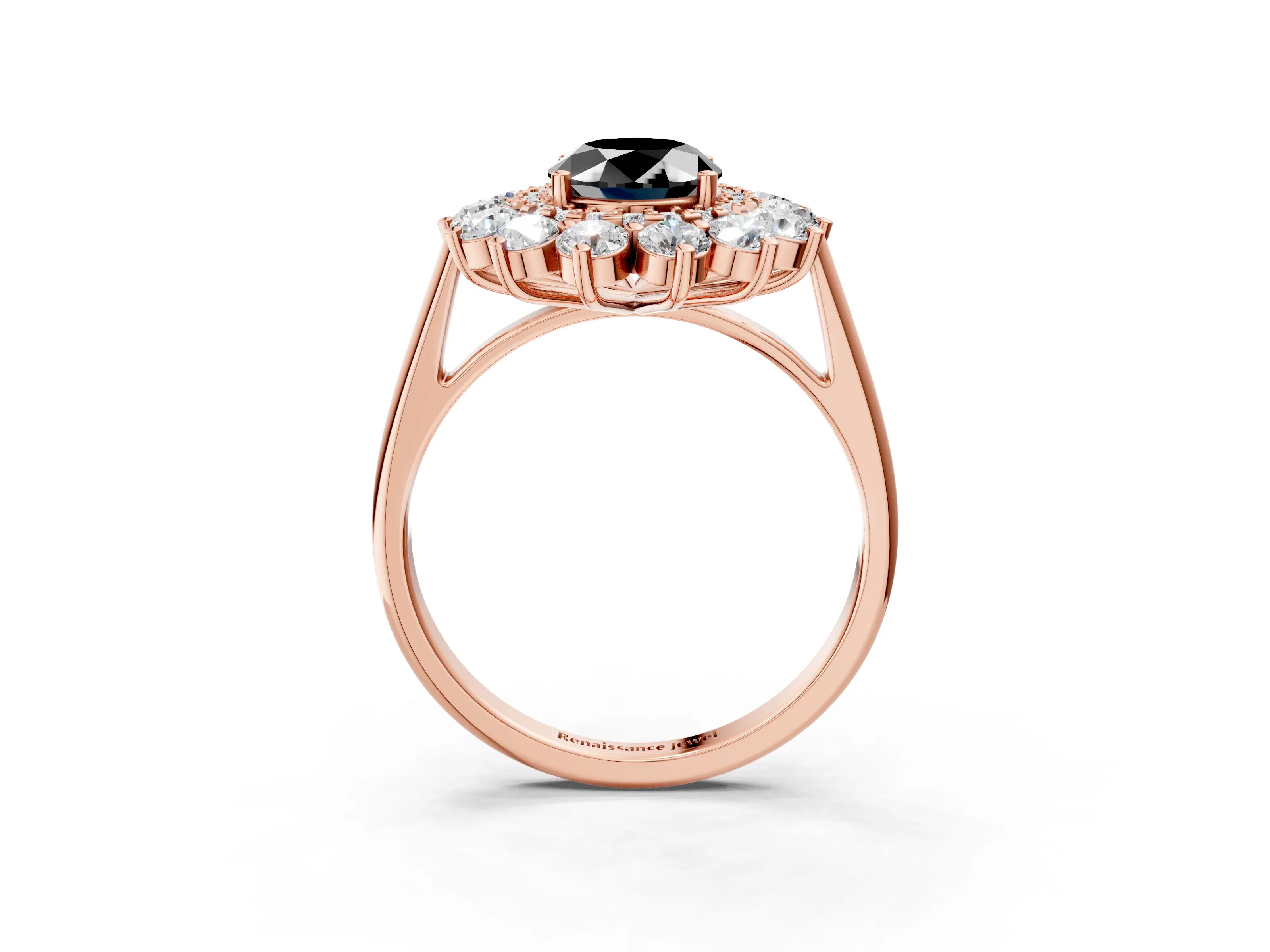 Rose gold Fancy Black Oval Cut Halo Cluster Diamond Ring with Pave Band and Four-Prong Setting_3