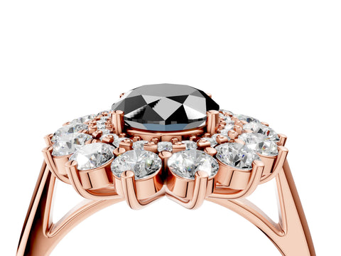 Rose gold Fancy Black Oval Cut Halo Cluster Diamond Ring with Pave Band and Four-Prong Setting_4