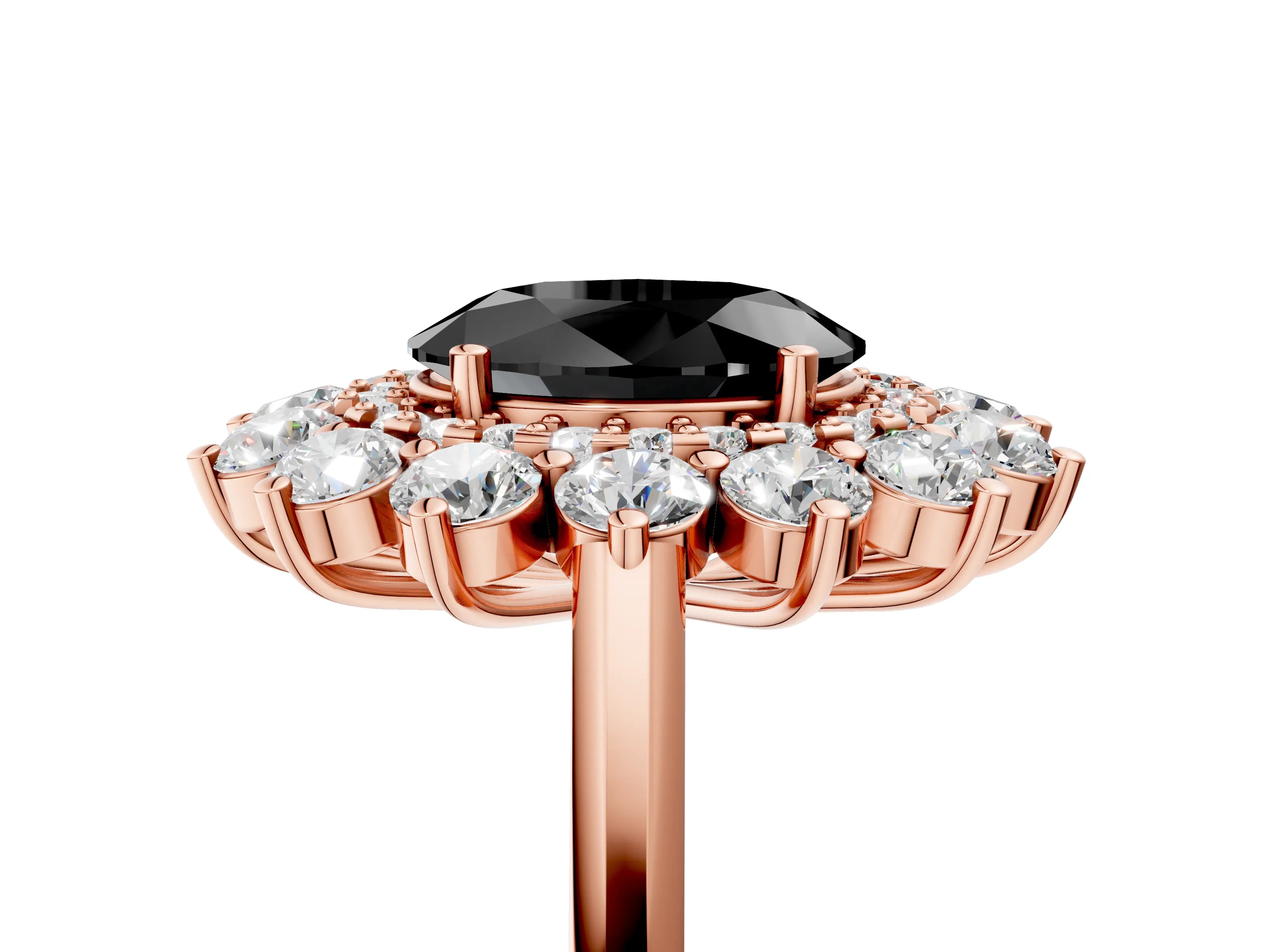 Rose gold Fancy Black Oval Cut Halo Cluster Diamond Ring with Pave Band and Four-Prong Setting_5