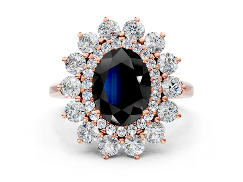 Rose gold Fancy Black Oval Cut Halo Cluster Diamond Ring with Pave Band and Four-Prong Setting