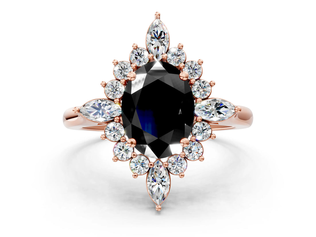 Rose gold Fancy Black Oval Cut Halo Diamond Cluster Ring with Marquise and Round Stones on a White Gold Band with Prong Setting