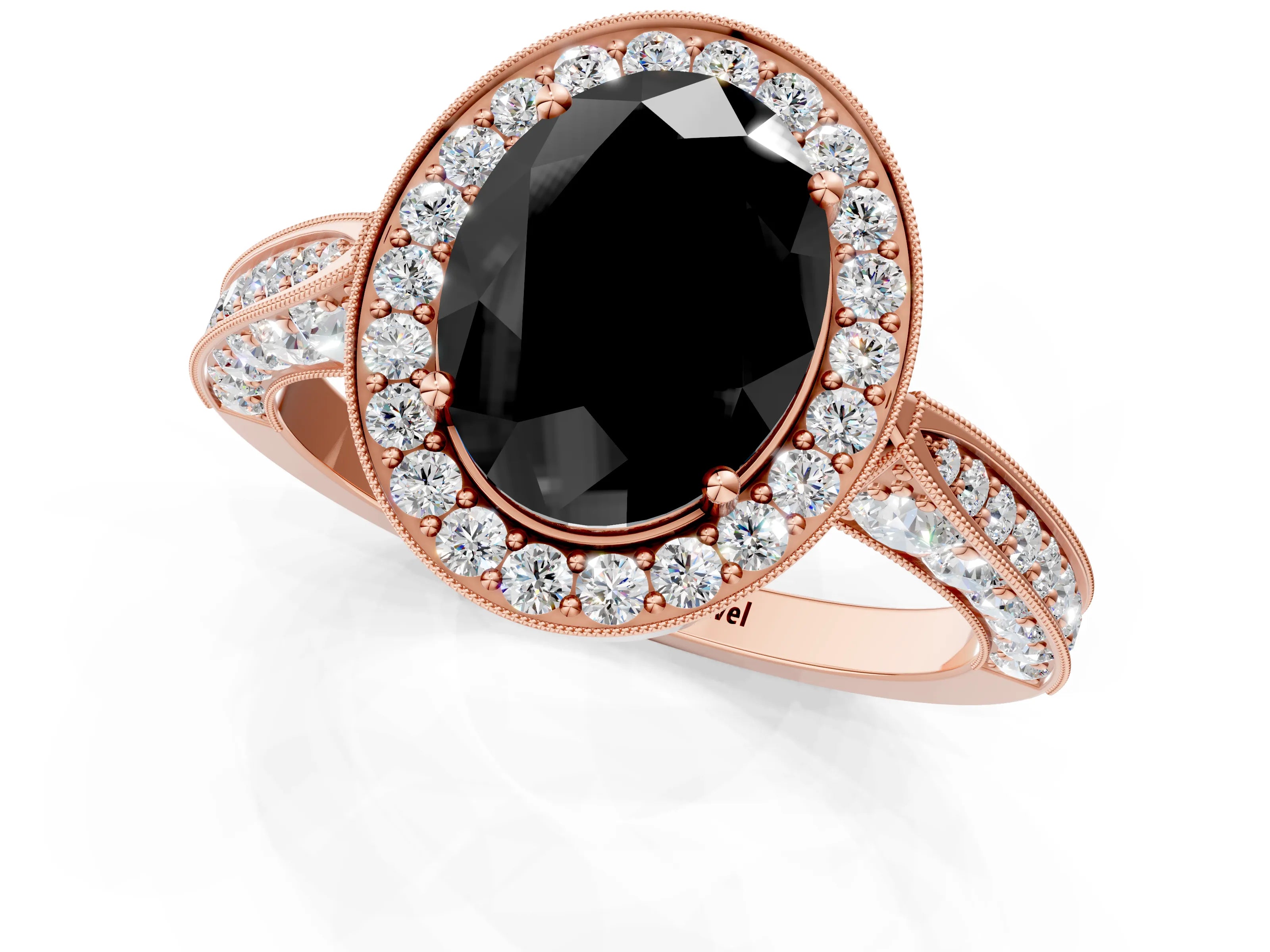 Rose gold Fancy Black Oval Cut Halo Diamond Engagement Ring with Split Shank Band and Four-Prong Setting_1