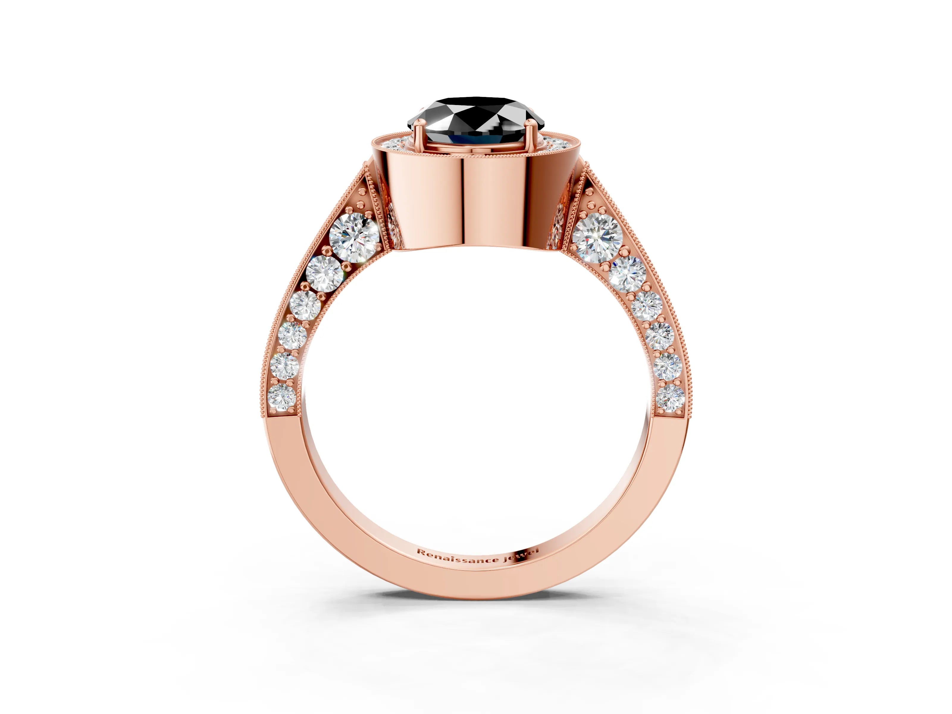 Rose gold Fancy Black Oval Cut Halo Diamond Engagement Ring with Split Shank Band and Four-Prong Setting_3