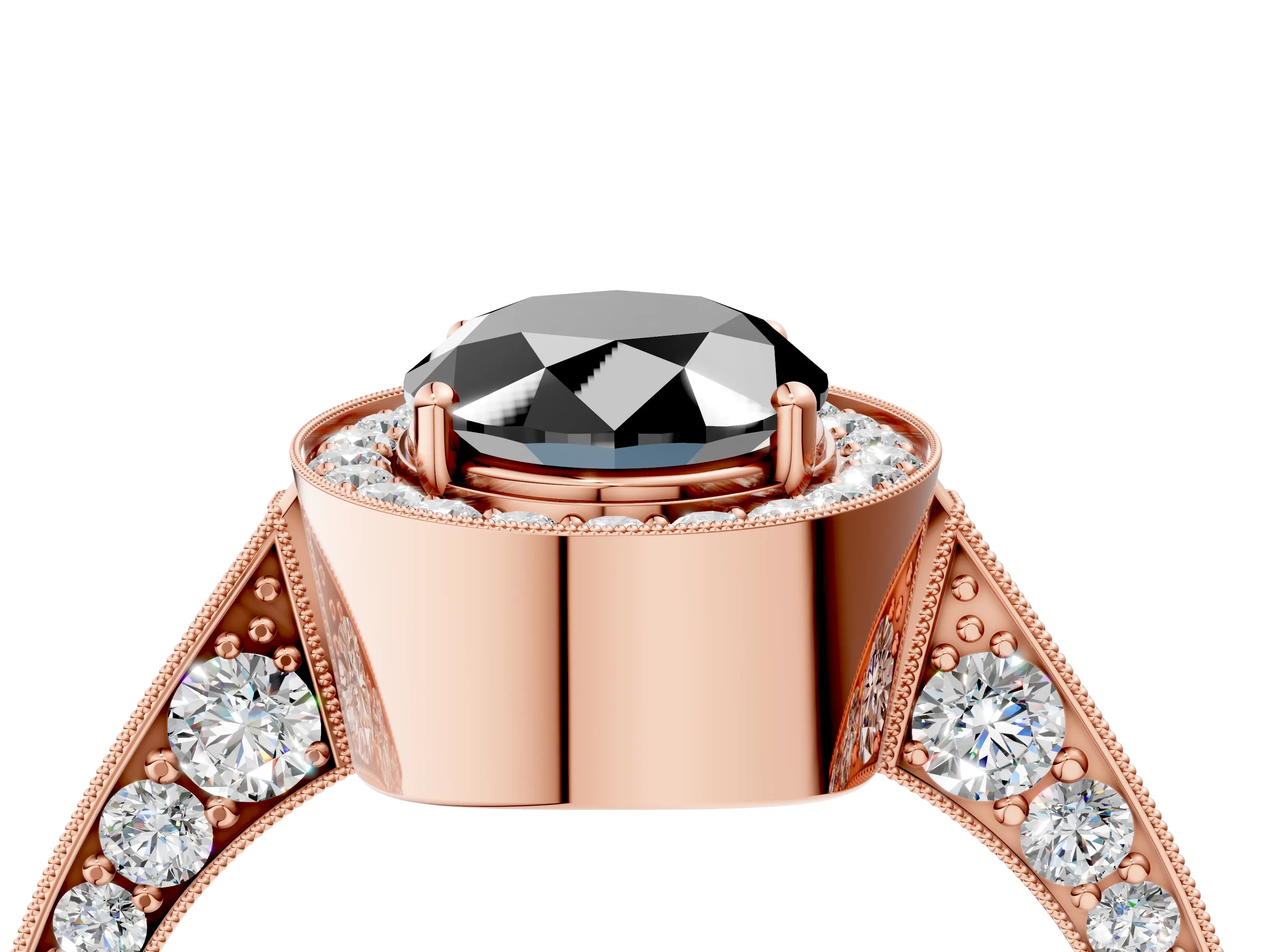 Rose gold Fancy Black Oval Cut Halo Diamond Engagement Ring with Split Shank Band and Four-Prong Setting_4