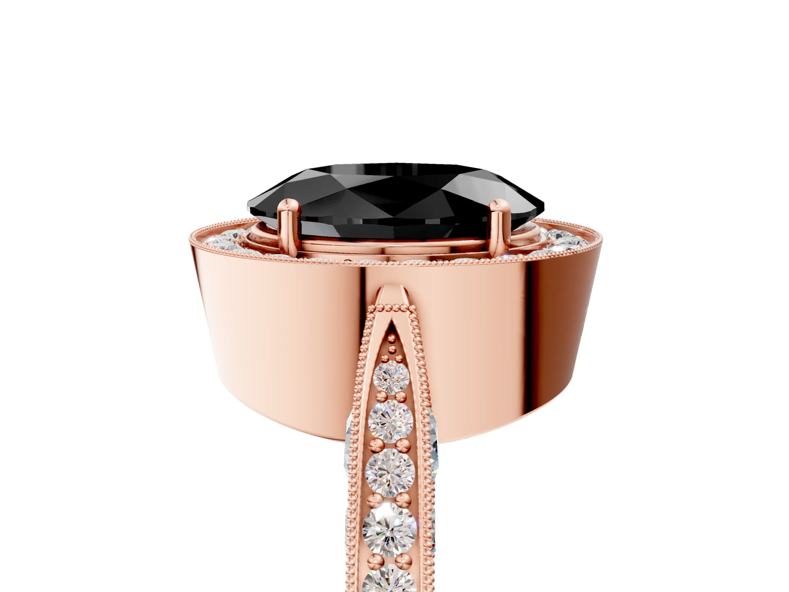 Rose gold Fancy Black Oval Cut Halo Diamond Engagement Ring with Split Shank Band and Four-Prong Setting_5