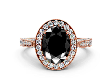 Rose gold Fancy Black Oval Cut Halo Diamond Engagement Ring with Split Shank Band and Four-Prong Setting