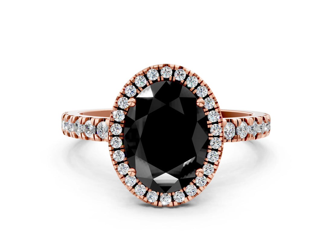 Rose gold Fancy Black Oval Cut Halo Diamond Pave Band with Prong Setting