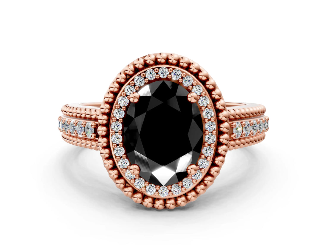 Rose gold Fancy Black Oval Cut Halo Diamond Ring with Beaded Split Shank and Four-Prong Setting