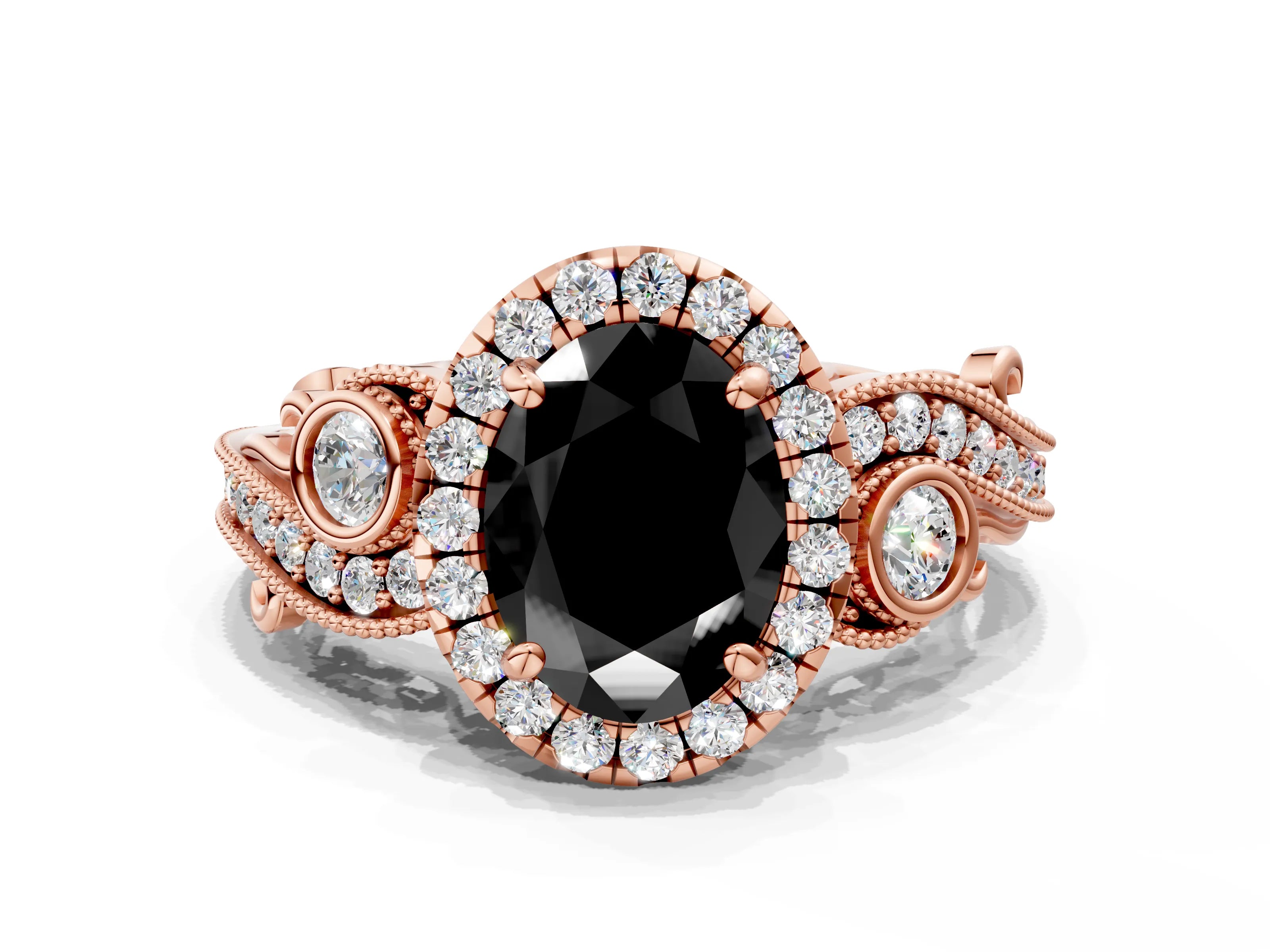 Rose gold Fancy Black Oval Cut Halo Diamond Ring with Milgrain and Bezel Accents on a Split Shank Band