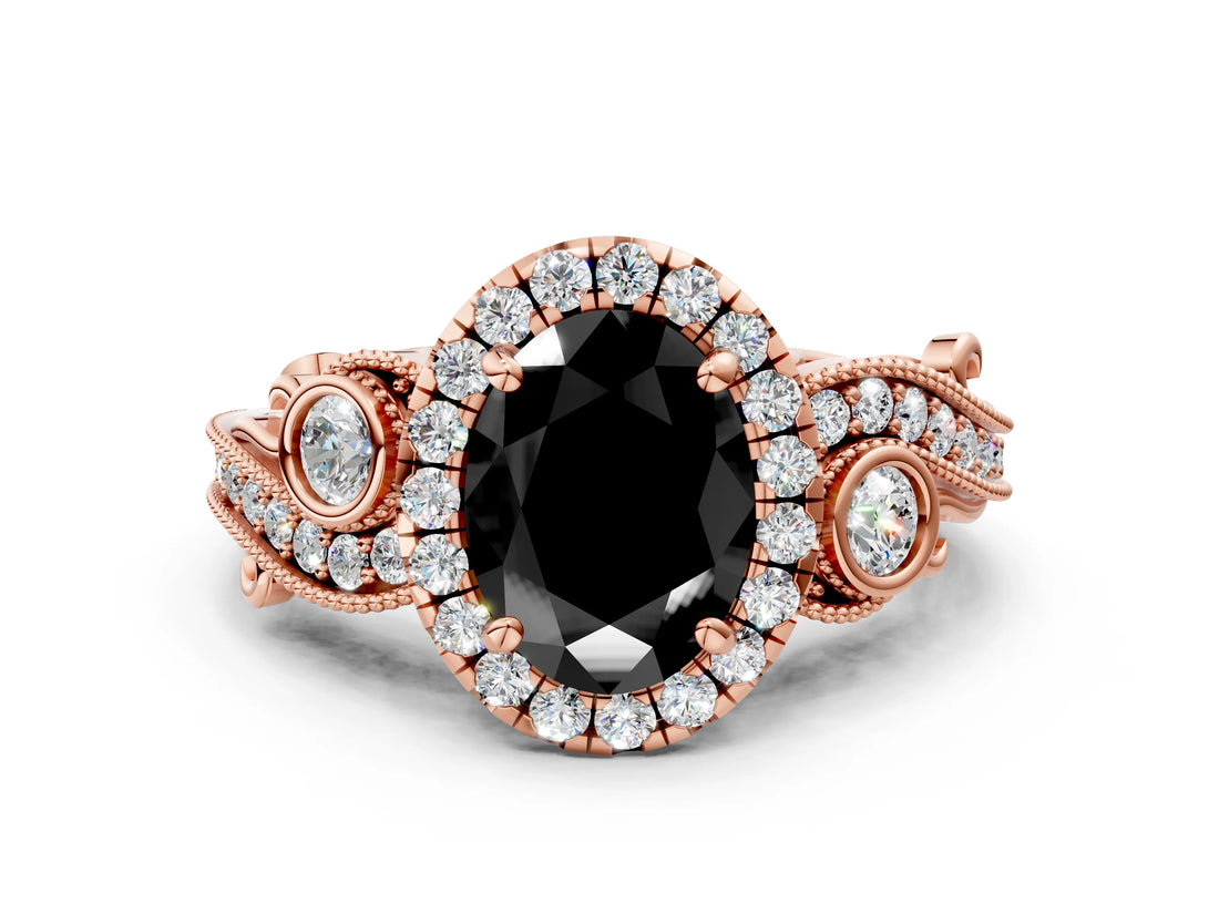 Rose gold Fancy Black Oval Cut Halo Diamond Ring with Milgrain and Bezel Accents on a Split Shank Band_12