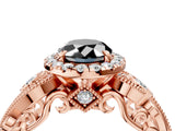 Rose gold Fancy Black Oval Cut Halo Diamond Ring with Milgrain and Bezel Accents on a Split Shank Band_16