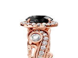 Rose gold Fancy Black Oval Cut Halo Diamond Ring with Milgrain and Bezel Accents on a Split Shank Band_17