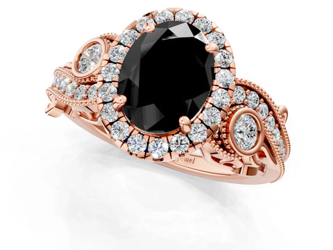 Rose gold Fancy Black Oval Cut Halo Diamond Ring with Milgrain and Bezel Accents on a Split Shank Band_1