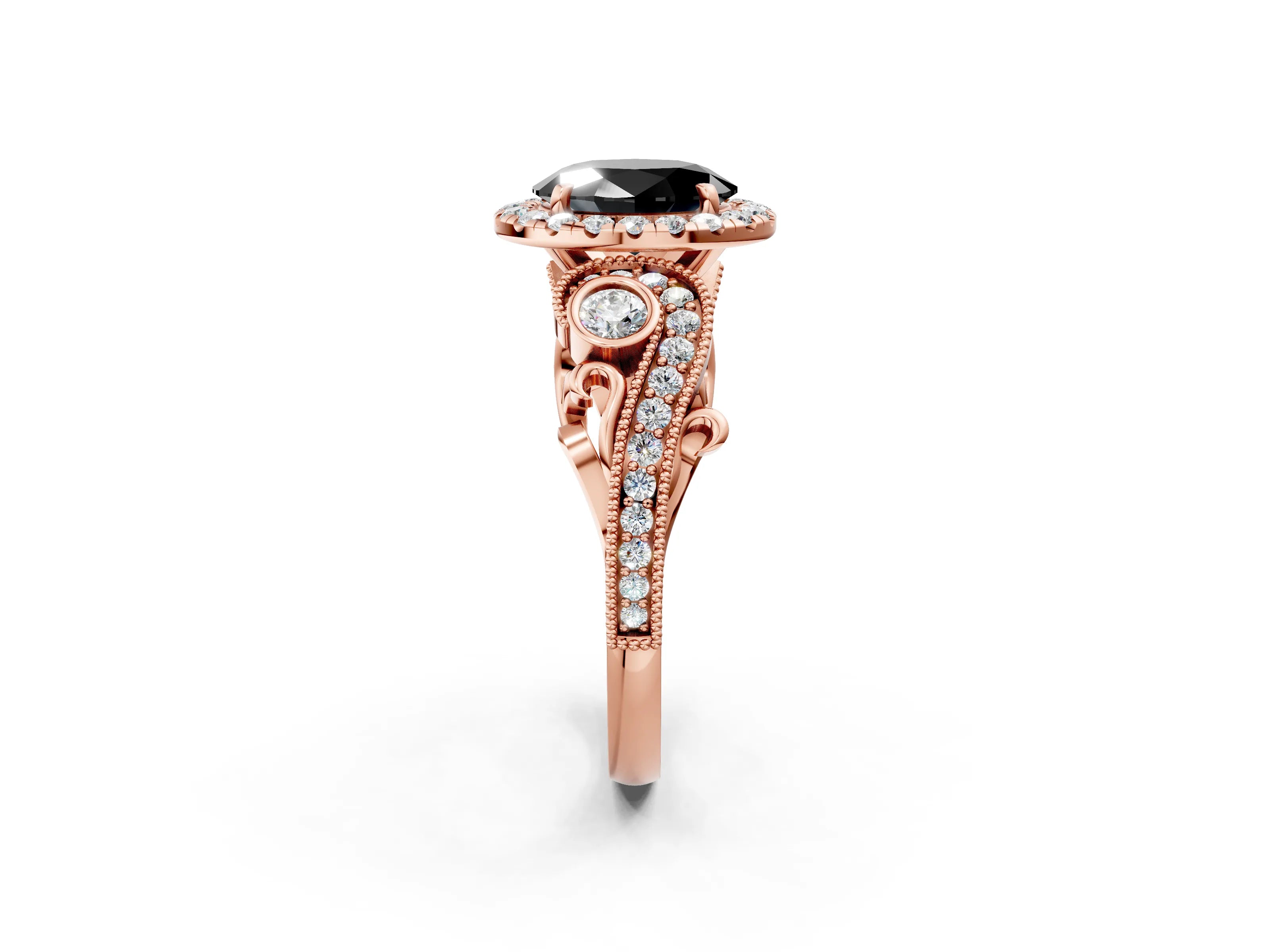 Rose gold Fancy Black Oval Cut Halo Diamond Ring with Milgrain and Bezel Accents on a Split Shank Band_2