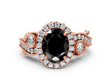 Rose gold Fancy Black Oval Cut Halo Diamond Ring with Milgrain and Bezel Accents on a Split Shank Band_24